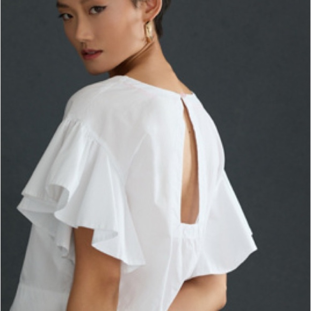 MAEVE ANTHROPOLOGIE | White Cotton Poplin Flutter Sleeve Pullover Blouse - Picture 6 of 11